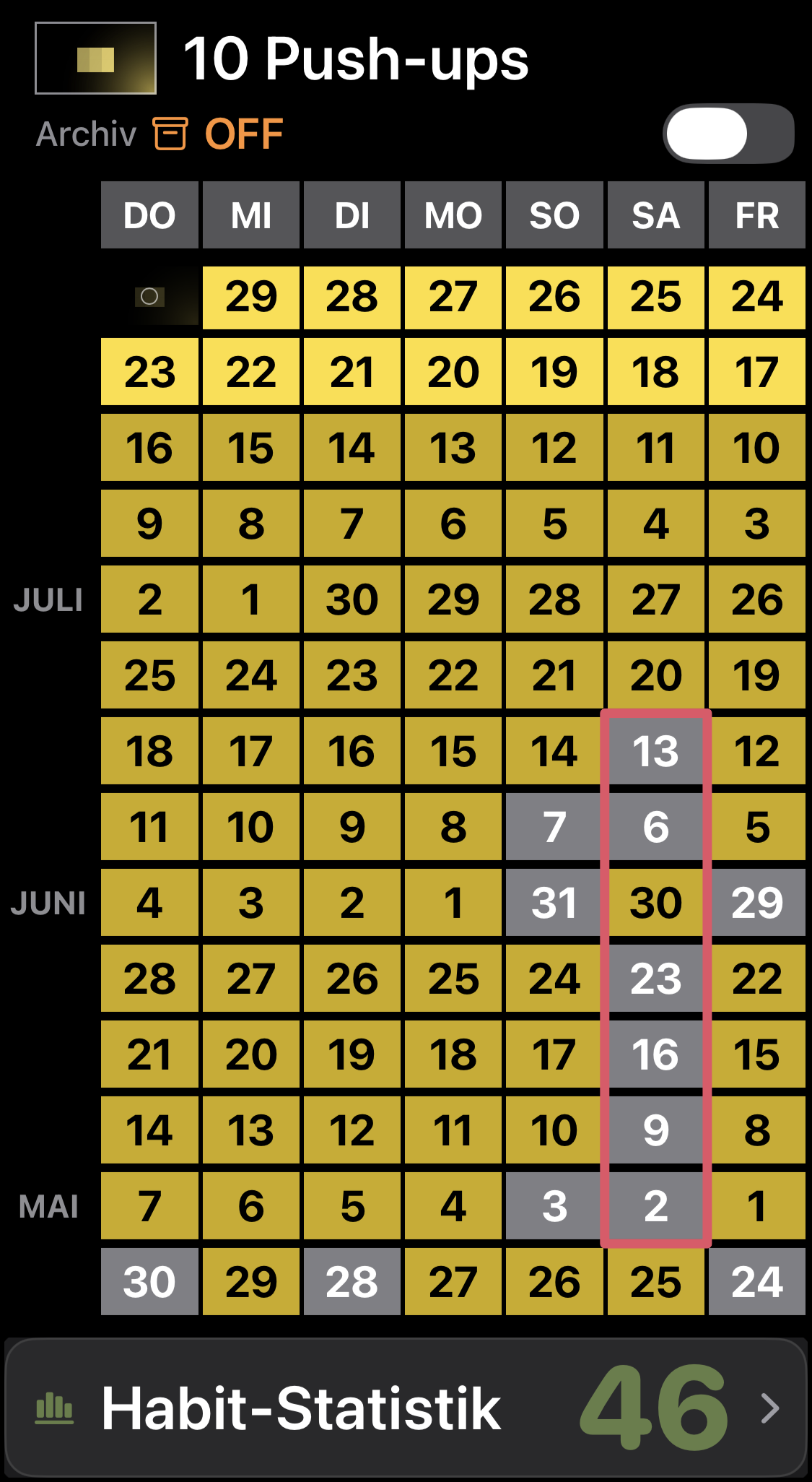 Yearly view of the "10 Push-ups" habit in Ninety Days with a current streak of 46 days.