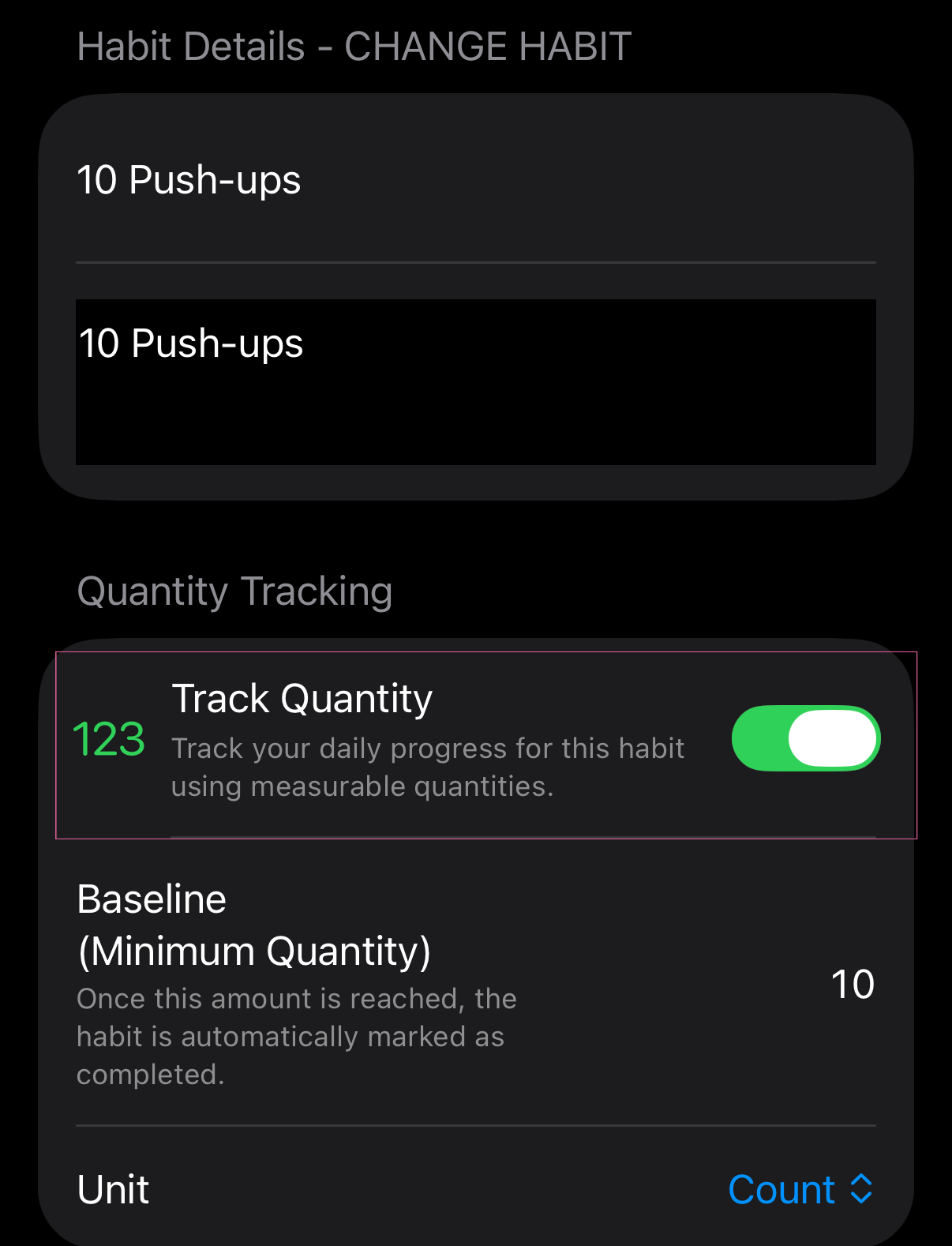 Enabling quantity tracking with “Track Quantity,” Baseline, and unit in Ninety Days.